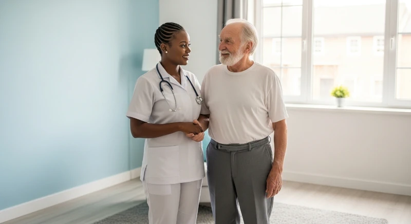 A compassionate Smartcare 911 caregiver assisting a client in their home