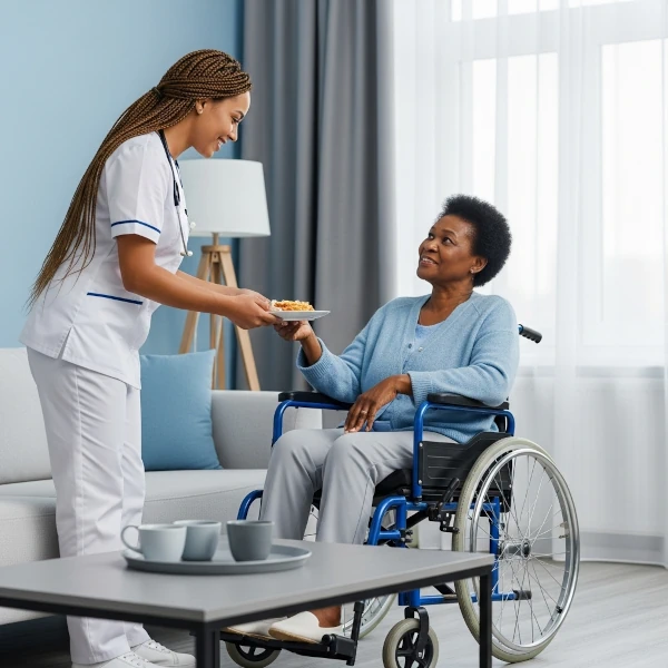 A compassionate caregiver assisting a client in their home.