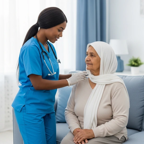 A compassionate caregiver assisting a client in their home.