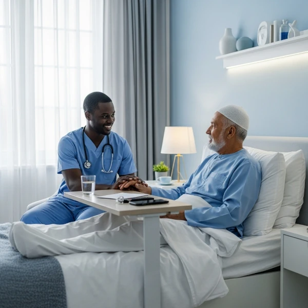 A carer and client sharing a happy moment together.